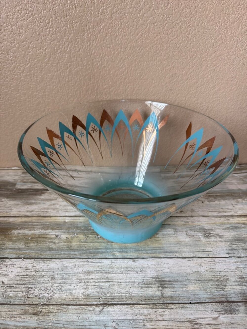 Vintage Anchor Hocking Blendo Atomic Happy Hour Chip Serving Bowl Turquoise Gold - Picture 2 of 13
